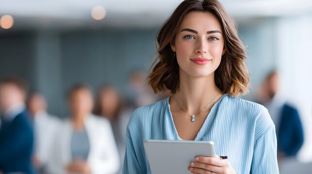 Confident businesswoman with a friendly smile holds a tablet device in a bright modern office with blurred colleagues in the background suggesting a collaborative workspace