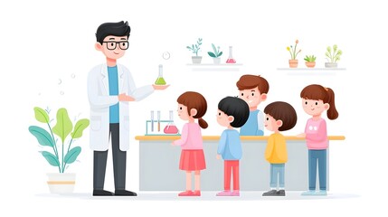 Obraz premium A male scientist in a lab coat conducts a science experiment holding a flask with green liquid for young students in a classroom setting fostering curiosity and learning