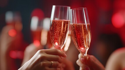 Close up of two elegant champagne flutes filled with bubbly pink champagne being raised for a toast suggesting a moment of celeb n luxury and festivity in a blurred background with warm red lights