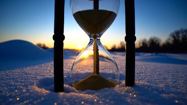 Hourglass In Snow With Sand Running Out At Sunset