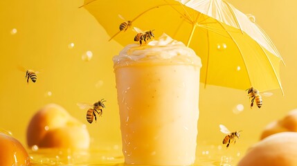 A honey peach milkshake under a yellow pastel umbrella with buzzing bees around