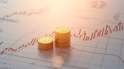 Stacks of gold coins rest atop financial charts, representing wealth and growth in the finance industry. A clear image of economic progress