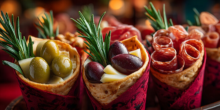Gourmet charcuterie cones filled with assorted cheeses, olives, cured meats and rosemary sprigs, wrapped in elegant red paper, served at a holiday market.