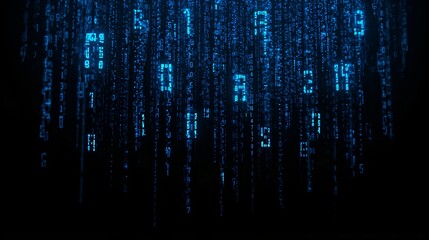 Abstract digital rain of numbers and symbols in shades of blue against a black backdrop, creating a sense of technology and the digital world
