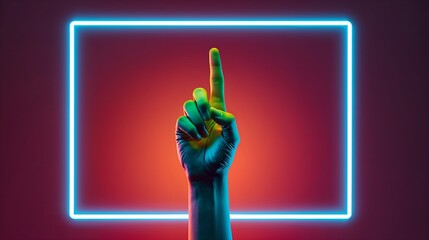 a neon frame illuminates a hand pointing upwards, suggesting a gesture of direction and guidance. The image's bold colors and modern aesthetic draw the eye.