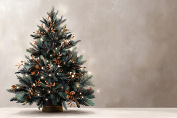 Elegant Christmas tree decorated with lights and natural elements  