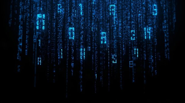 Abstract digital rain of numbers and symbols in shades of blue against a black backdrop, creating a sense of technology and the digital world