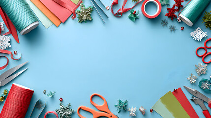Holiday craft supplies border with punchers, cutters, colored paper and ribbons around open background 