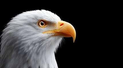 Obraz premium Detailed close up portrait of a wild bald eagle s head featuring striking white feathers intense orange eye and a powerful yellow beak against a solid black void symbolizing untamed spirit