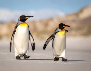 Fototapeta premium Two king penguins waddle across sandy terrain under a clear sky, soft focus grassy background