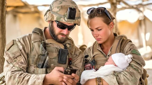 POV from inside a deployed soldier&rsquo;s phone wife showing newborn baby to camera during video call in desert tent, connection buffering, tears on both sides