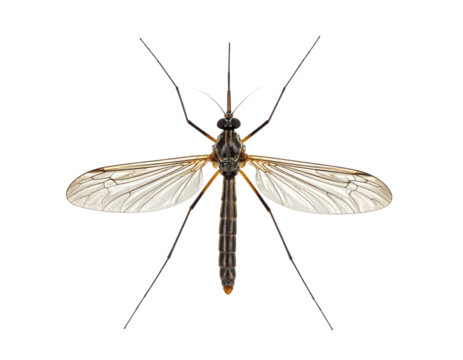 - A detailed top-down view of a mosquito with its wings fully spread, showcasing intricate wing membranes, slim body proportiand even lighting, isolated on a white backgroun
