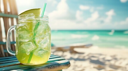 A honeydew soda in a mason jar with ice cubes on a beach chair