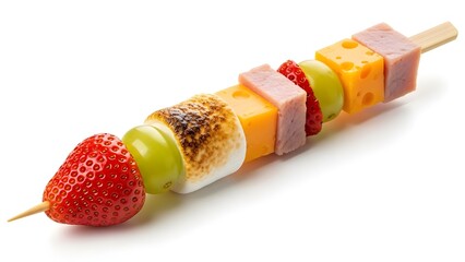 Dessert and Savory Food Skewer with Strawberry, Cheese, Ham, and Marshmallow on White Background