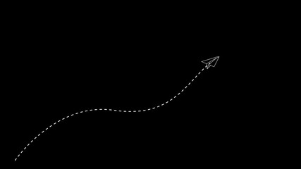 White Paper Airplane Flying Along Dashed Line on Black Background origami flight - Powered by Adobe