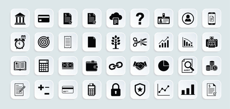 Accounting and finance vector illustration icons set, billing and invoices, budget planning, banking services, audit and tax management. Business reports and data analysis