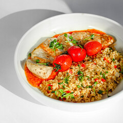 Healthy Grilled Chicken Bowl with Bulgur, Cherry Tomatoes, and Red Sauce