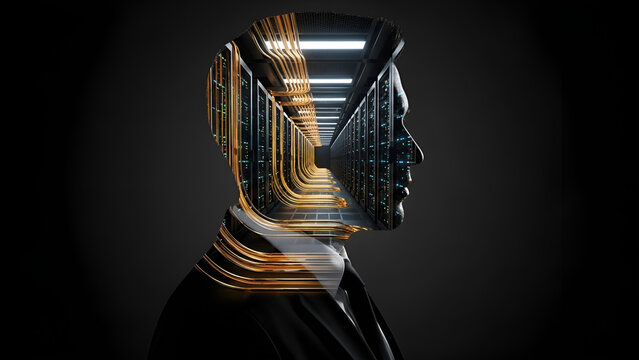 Businessman silhouette containing a data center with flowing golden cables