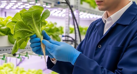 Scientist in blue lab coat examining fresh lettuce with roots in a vertical hydroponic farm, showcasing sustainable agriculture and innovation.