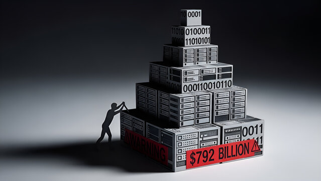 Digital risk concept: Figure destabilizing a massive data server structure.