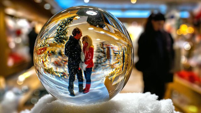 POV from inside a snow globe being shaken little tourist couple inside watching giant child&rsquo;s face through swirling snow, souvenir shop lights distorted, magical yet