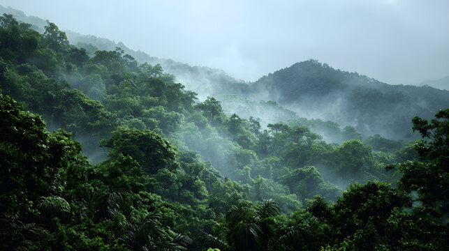 Misty mountain rainforest with lush greenery creating a serene natural scene, perfect for travel and nature themes - Powered by Adobe