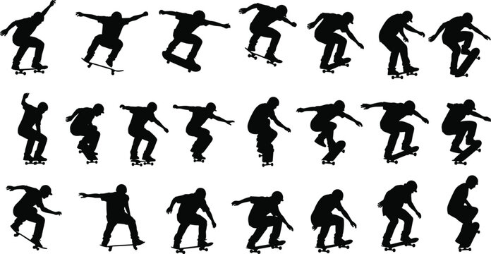 Skateboarder silhouette sequence performing ollie trick, showing dynamic motion, jump, landing, technique, balance, and skateboarding skill