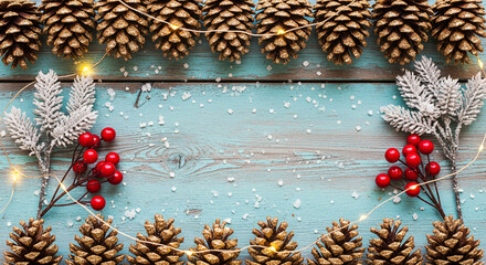 Golden pinecone border and string lights on blue wood with white snow imitation, creating a festive, rustic seasonal background, perfect for winter themes