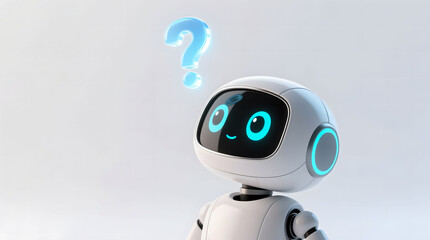 Cute robot tilting its head, focused on a floating question mark, perfectly illustrating a troubleshooting concept  isolated on white background.