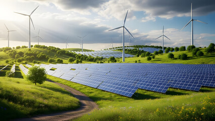 Sustainable future with solar and wind energy on lush green hillside