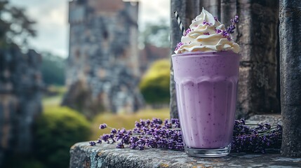 A lavender milkshake with whipped cream resting on stone window ledge of a medieval tower