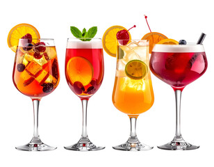 Refreshing fruity cocktails with garnishes on a black background