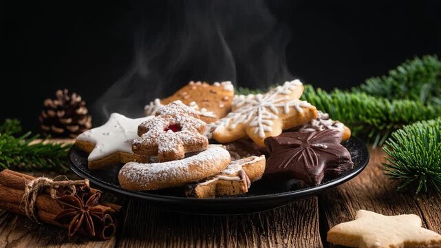 dampfende Weihnachtskekse auf einem drehenden Teller - schwarzer Hintergrund - Video