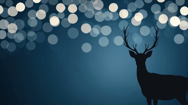 silhouette of a deer stands against a blurred, bokeh background of soft, glowing lights in various sizes, creating a serene atmosphere.