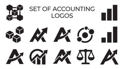 Set of modern accounting and business financial vector logos, featuring corporate growth icons in a clean, minimalist style for branding and digital use.