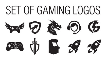 A set of modern monochrome vector gaming logos and icons, featuring controller, dragon, and Esports symbols, perfect for app or branding design.