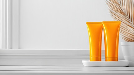 Realistic Industry Advertisement Luxury Bright Yellow Cosmetic Tubes on White Shelf with Decorative Plant