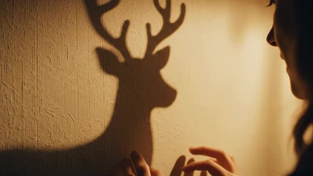 Close Up Hands Forming Deer Shadow On Wall