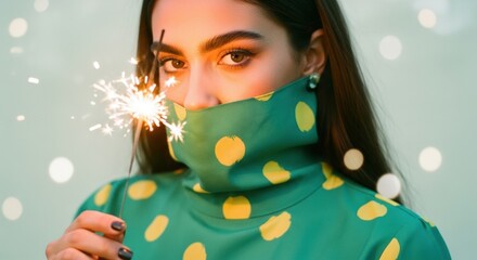 Portrait of a young woman with sparkler and polka dot turtleneck.