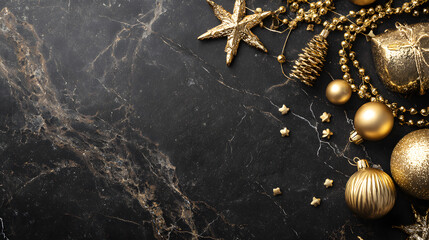 Luxurious holiday gold d&eacute;cor scattered stylishly around black marble background, copy space in center 