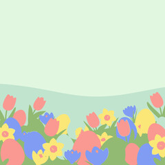 A vibrant illustration of a spring flower field with colorful tulips, daffodils, and bluebells under a soft green sky.