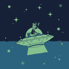 A retro cartoon illustration of a person in a flying saucer waving under a starry night sky, with a light beam shining down.