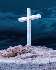 Realistic Industry Advertisement Luxury White Cross on Sandy Hill Against Dark Sky with Clouds at Dusk