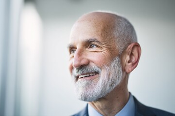 Smiling middle-aged bald man with short gray beard wearing blue suit in office. Friendly professional male presenting approachable demeanor in workplace setting.