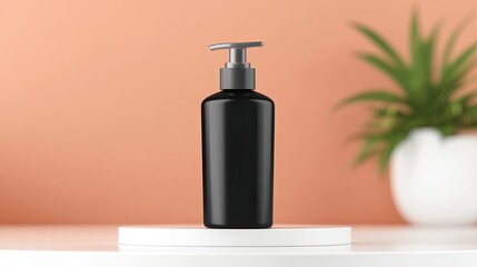 Realistic Industry Advertisement Luxury Black Pump Bottle on White Stand with Background Plant Decor