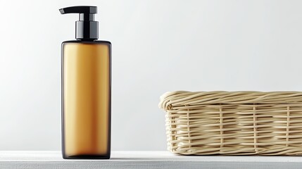 Realistic Industry Advertisement Luxury Elegant Amber Bottle with Pump and Woven Basket on White Surface