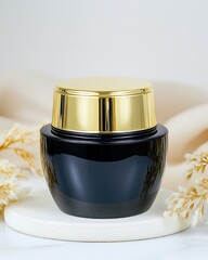 Realistic Industry Advertisement Luxury Luxurious Black Jar with Gold Lid on Elegant Background