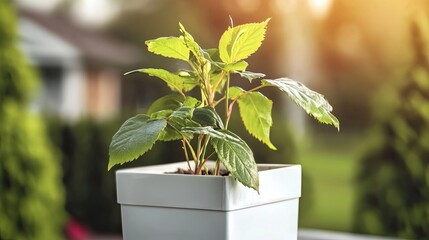 Realistic Industry Advertisement Luxury Fresh Green Plant in Modern White Pot Against Bright Background