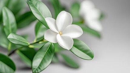 Realistic Industry Advertisement Luxury Elegant White Flower on Leafy Stem Against Soft Gray Background