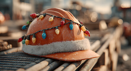 Festive orange hard hat adorned with a Santa hat and colorful Christmas lights on a construction site during golden hour.